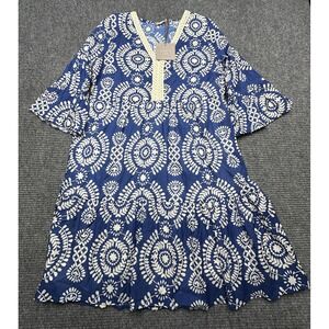Saiph Lab Dress Womens Medium Blue White Boho Cotton V Neck Tiered Made Italy
